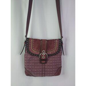 Coach Soho Signature Canvas Suede Shoulder Bag Burgundy Wine Western Country